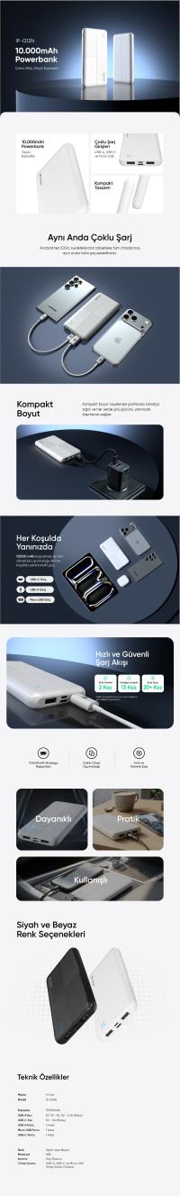 S-LINK IP-G12N 10000mAh Micro+Usb+ Type-C Giriş+Çıkış Beyaz. Taşınabilir Pil Şarj Cihazı Powerbank